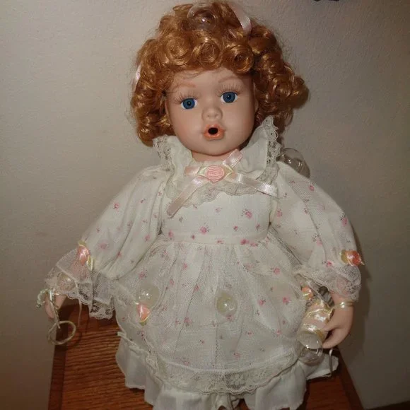 Blowing Bubbles Porcelain Doll with Wand & Bubbles and Seat To Sit On 15 Inch - Picture 2 of 10